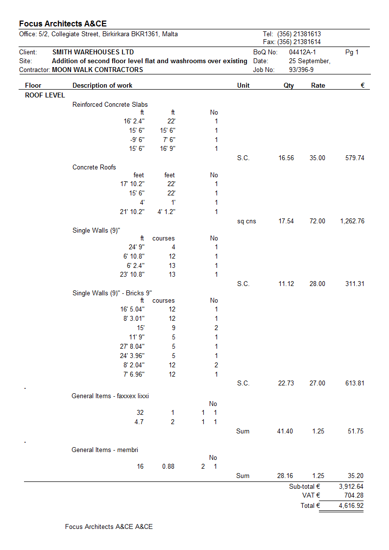 Bill of Quantities Print