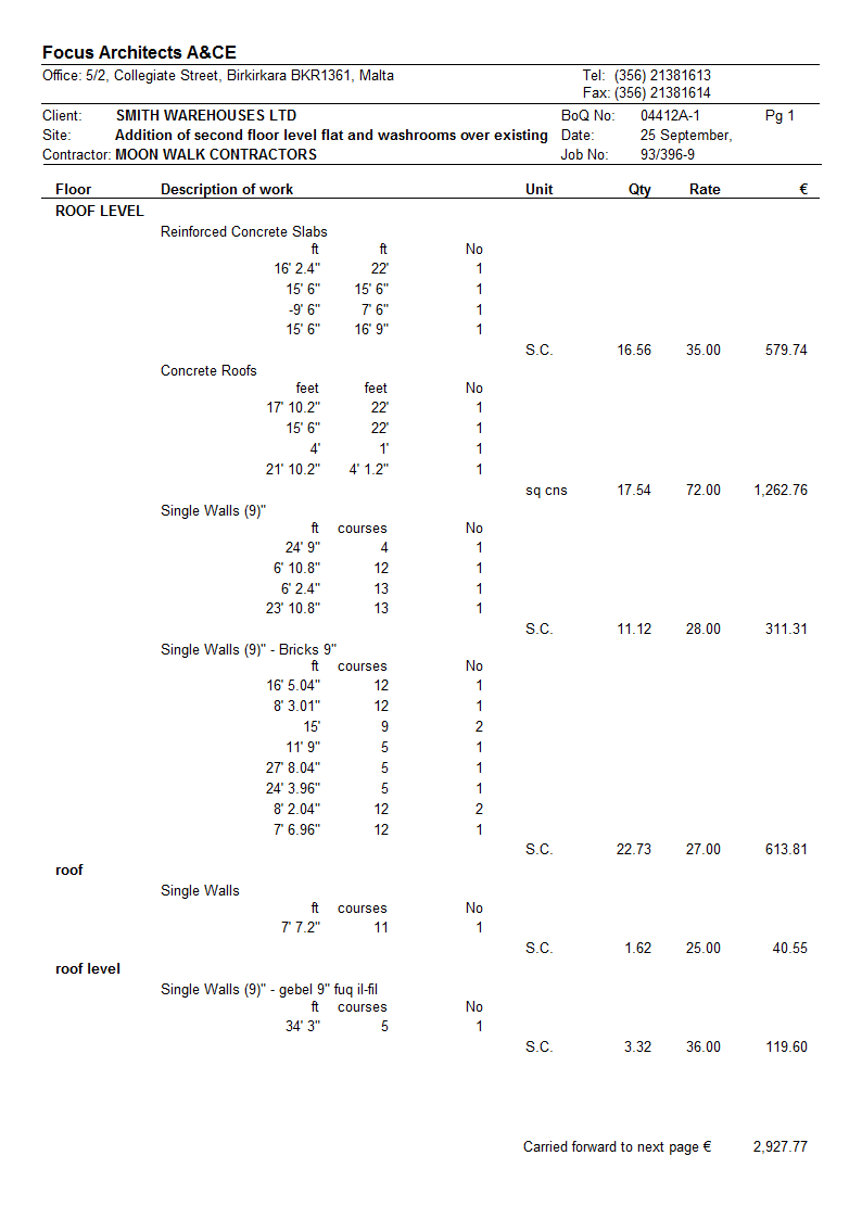 Bill of Quantities Print 1