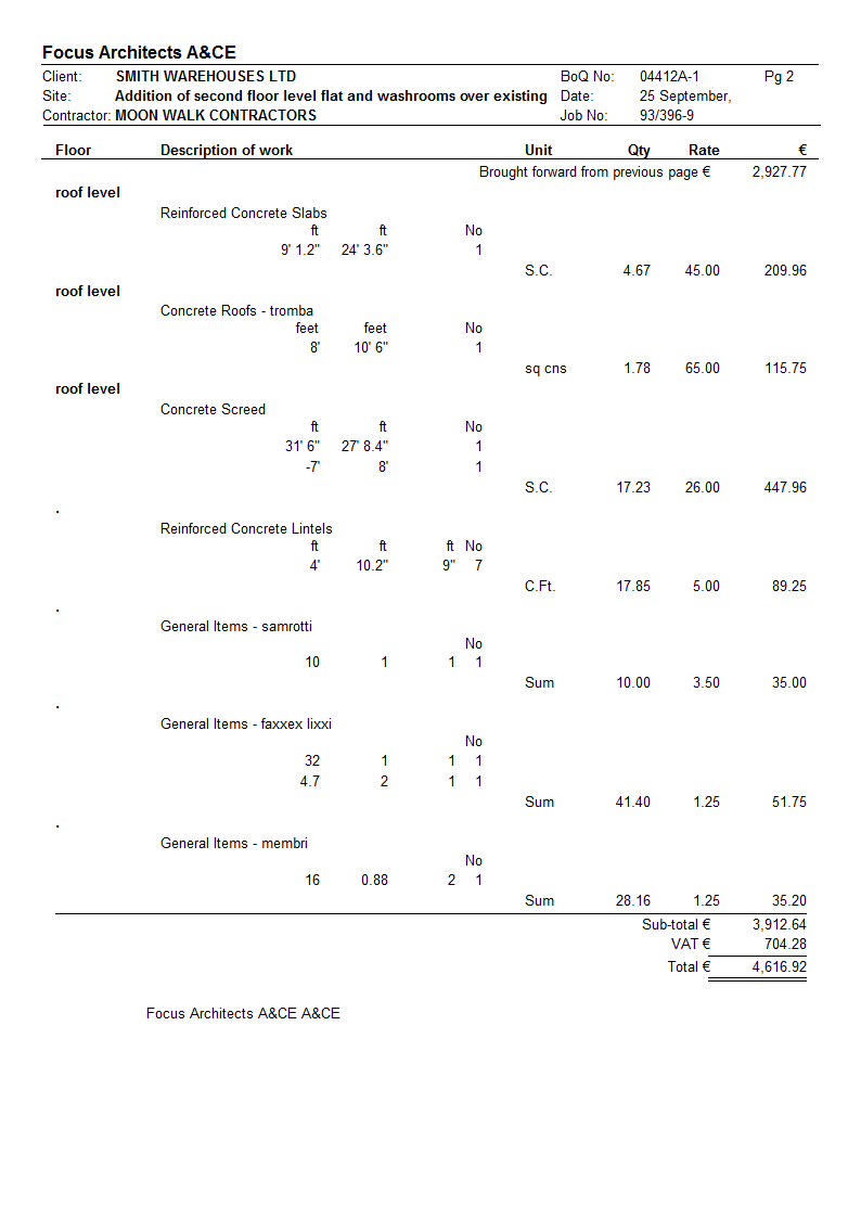Bill of Quantities Print 2